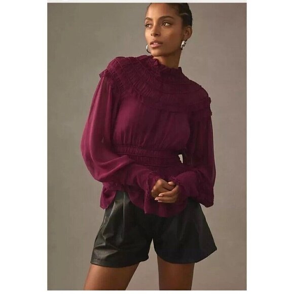 Farm Rio Ruffled Sheer Smocked Blouse Burgundy Maroon NWOT - Picture 1 of 12